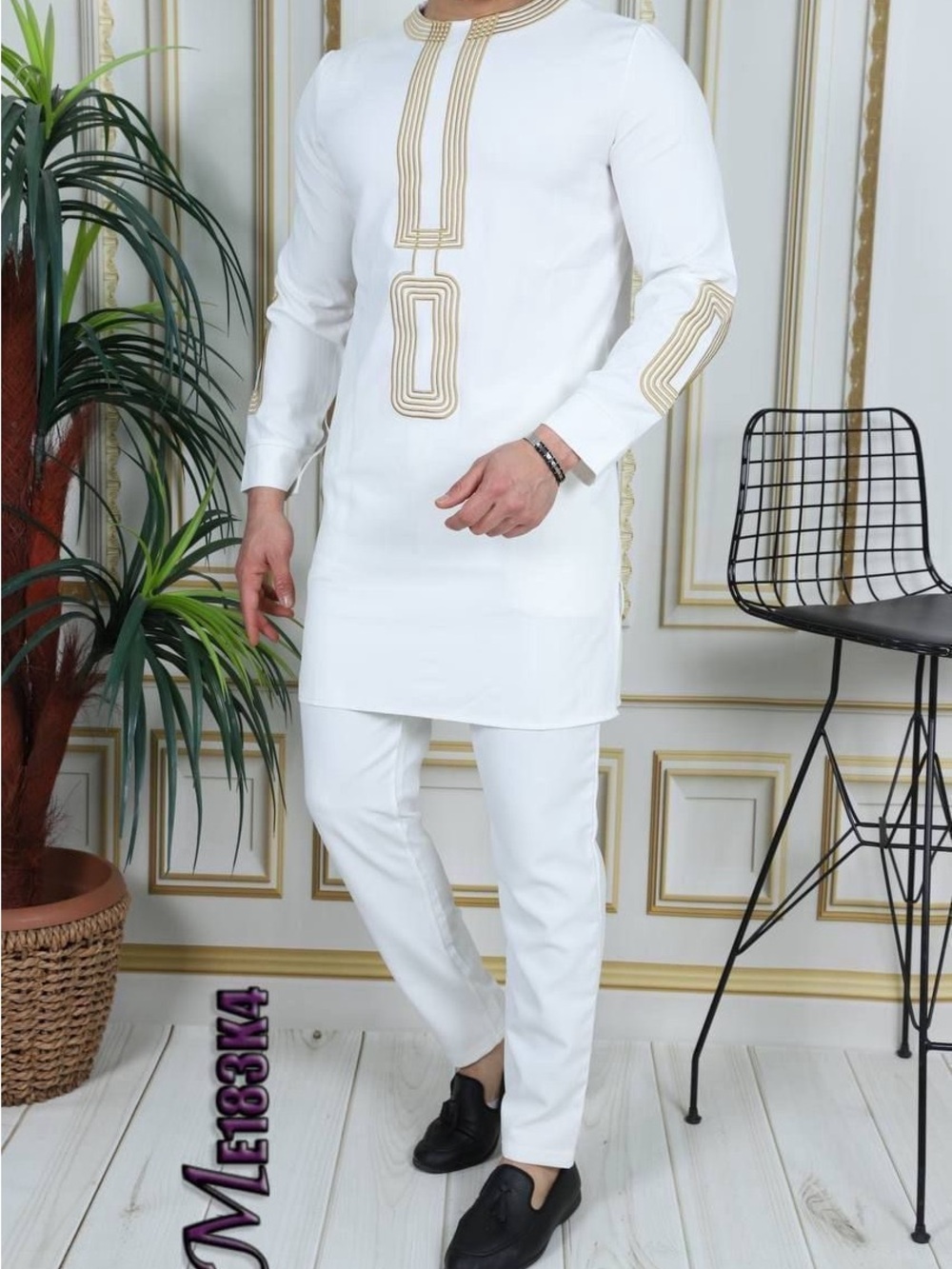 Men's White Embroidered Kurta Set with Gold Detailing